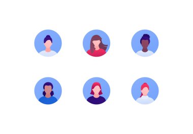 İnsanların karakter avatarı şablon koleksiyonu. Vektör düz insan çizimi. Çemberdeki etnik olmayan kadın yüzleri. Siyah Afrikalı Amerikalı, İspanyol, Kafkas kökenli. Web uygulaması için tasarım, ui