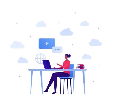 Çevrimiçi eğitim kavramı. Vektör düz insan çizimi. Masa başında oturan kız öğrenci dizüstü bilgisayar çalışıyor. Webinar için tasarım, çevrimiçi eğitim kursu, konferans afişi, poster, bilgi grafikleri