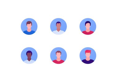 İnsanların karakter avatarı şablon koleksiyonu. Vektör düz insan çizimi. Çemberde etnik olmayan erkek yüzleri var. Siyah Afrikalı Amerikalı, İspanyol, Kafkas kökenli. Web uygulaması için tasarım, site, ui
