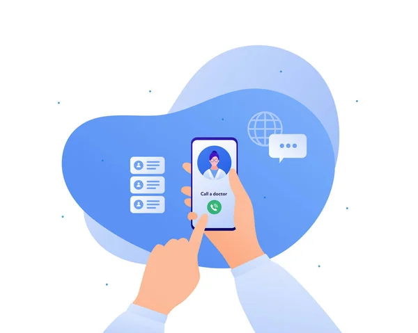 医学和远程保健概念 矢量平面人插图 用远程医疗应用程序手动使用智能手机 病人打电话给女医生 药品横幅 信息图形设计 — 图库矢量图片