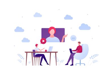 Sosyal medya blogcusu ve tele çalışma konsepti. Vektör düz insan çizimi. Masasında dizüstü bilgisayarı olan bir grup insan ve ekranda kadın konferansı. Pankart için tasarım ögesi, ui, poster, ad, bilgi grafikleri