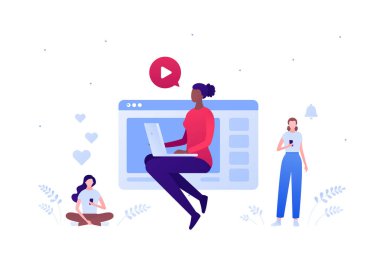 Sosyal medya blogcusu ve tele çalışma konsepti. Vektör düz insan çizimi. Dizüstü bilgisayarı ve akıllı telefonu olan bir grup etnik kökenli kadın. Video simgesi. Pankart için tasarım ögesi, ui, poster, ad, bilgi grafiği