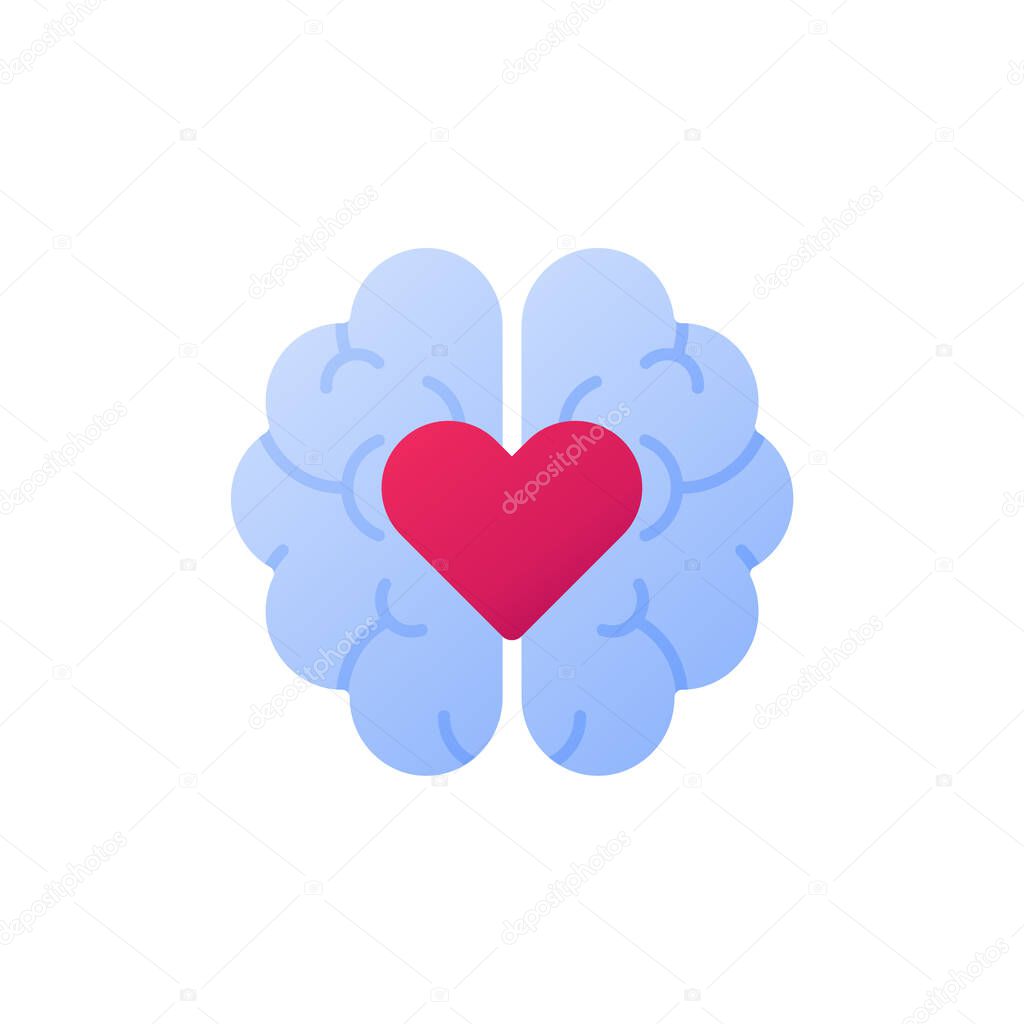 Mind and emotion intelligence concept. Vector flat illustration. Human brain with red heart shape on it isolated on white background. Psychology health and passion. Design element for banner, ui, logo