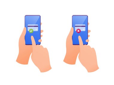 Çevrimiçi bankacılık ve akıllı telefon cüzdanı konsepti. Vektör düz çizim seti. Bir grup el ele tutuşan telefon. Kredi kartı kabul edildi ve reddedildi. Terminali tara. Pankart, poster, evet için tasarım ögesi.