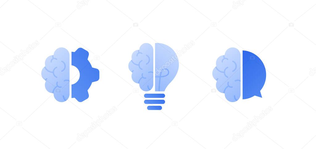 Knowledge, brainstorm and education concept. Vector flat icon illustration set. Brain sign with gear, lightbulb and talk bubble sign. Deign for web, college and university course logo