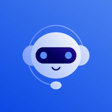 Sohbet botai ve müşteri hizmetleri destek konsepti. Vektör düz insan çizimi. Mavi arka planda kulaklıklı gülümseyen robot. Pankart, web hata sayfası, logo için tasarım ögesi.