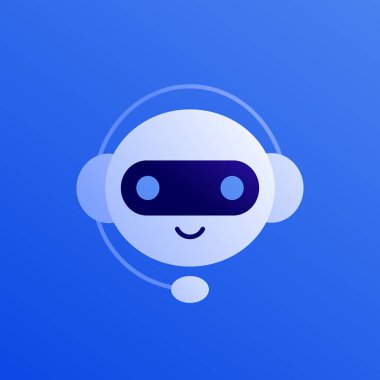 Chat bot ai and customer service support concept. Vector flat person illustration. Smiling robot in headphone on blue background. Design element for banner, web error page, logo. clipart