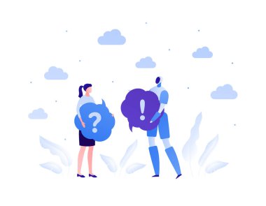 Sohbet botai ve müşteri hizmetleri destek konsepti. Vektör düz insan çizimi. Robot ve kadın karakter konuşma baloncuğu işaretinde soru ve ünlem işareti taşıyor. Pankart ve web için tasarım ögesi.