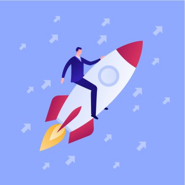 Girişim ve başarılı yenilikçi iş kurma kavramı. Vektör düz insan çizimi. İşadamı karakteri gökyüzünde bir roketin üzerinde oturuyor. Yüksel ok işareti. Pankart, poster ve web için tasarım ögesi