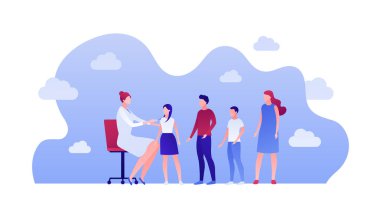Aşı kampanyası konsepti. Vektör düz insan çizimi. Aile karakteri. Kadın doktor bir grup insana şırıngayla iğne yaptı. Sağlık hizmetleri tıbbi afişi için tasarım unsuru, poster.