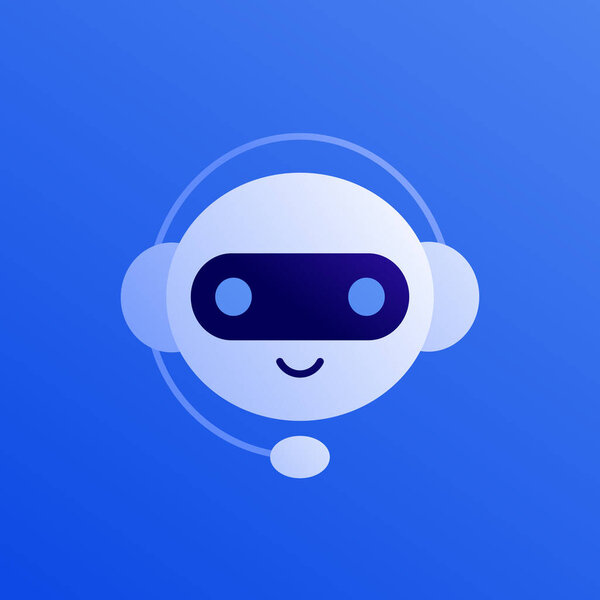 Chat bot ai и концепция обслуживания клиентов. Векторная плоская иллюстрация. Улыбающийся робот в наушниках на синем фоне. Элемент дизайна для баннера, веб-страницы ошибок, логотипа
.