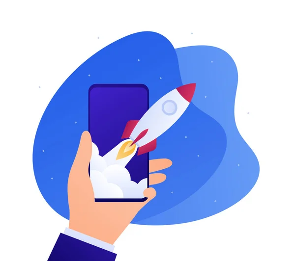 Smartphone Business App Concept Vector Platte Illustratie Raketlancering Als Metafoor — Stockvector