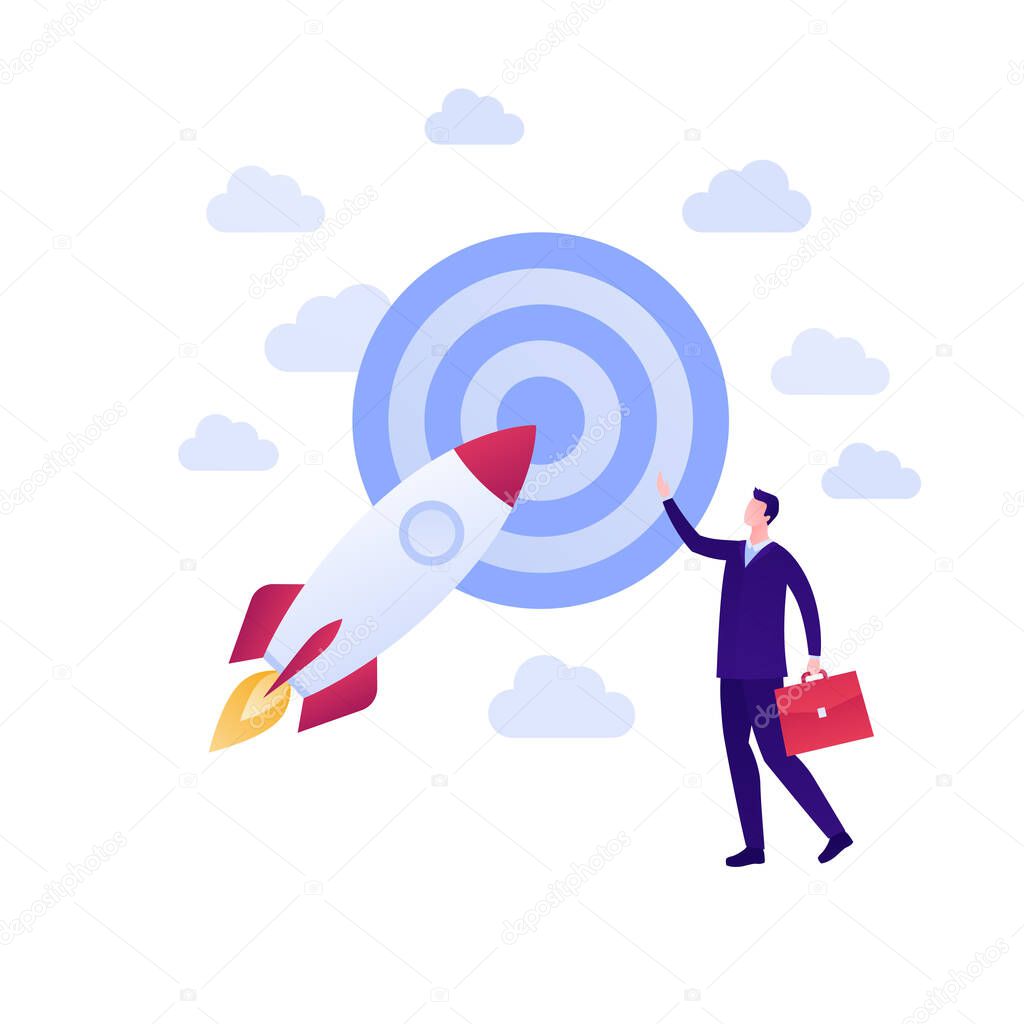 Startup and successful innovation business launch concept. Vector flat person illustration. Businessman character and fly rocket aim target. Design element for banner, poster, web