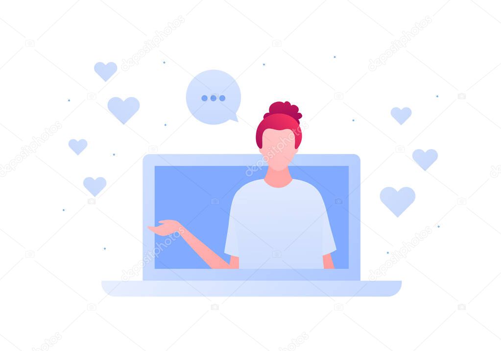 Social media blogger and online education cource concept. Vector flat person illustration. Female character on laptop computer screen. Speech bubble and hearts. Design for banner, web, ad, infographic