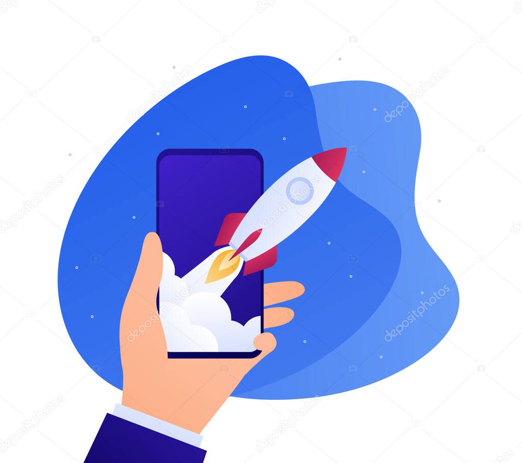 Smartphone business app concept. Vector flat illustration. Rocket launch as metaphore of startup success. Businessman hand holding smart phone. Design for banner, poster, ui.