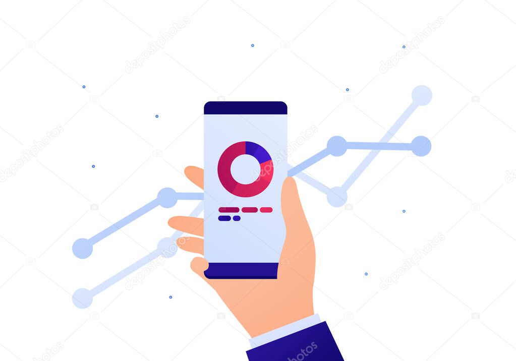 Smartphone finance business app concept. Vector flat illustration. Pie chart and line diagram. Online banking analytics sign. Businessman hand holding smart phone. Design for banner, poster, ui.