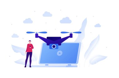 İnsansız hava aracı ve insansız uçan kamera konsepti. Vektör düz insan çizimi. Erkek kontrolörlü robot fotoğrafçı. Akıllı telefon. Dizüstü bilgisayar işareti. Pankart ve bilgi grafiği için tasarım.