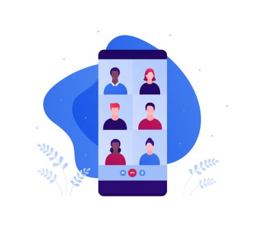 Video telekonferans ve uzaktan görüşme konsepti. Vektör düz insan çizimi. Akıllı telefon ekranında çok ırklı insan avatarı. Pankart, ağ, bilgi grafiği için tasarım