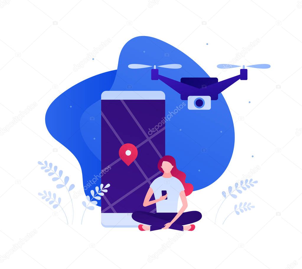 Drone aviation and unmanned flying camera concept. Vector flat person illustration. Robot photographer with female controller. Smartphone with city map on screen. Design for banner, infographic.