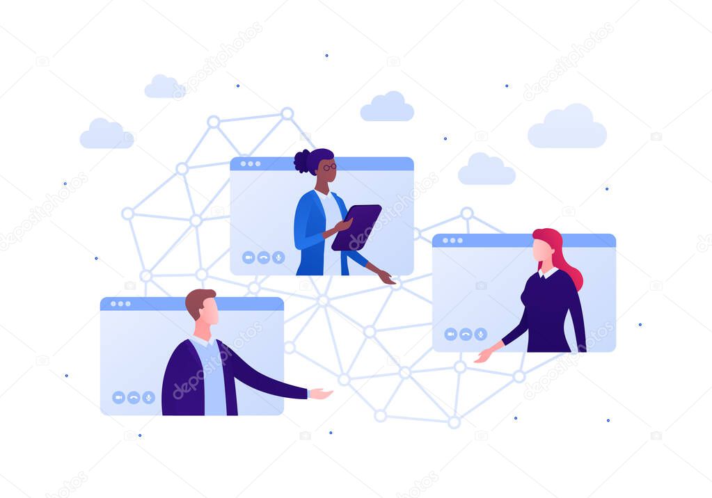 Video teleconference and remote online meeting concept. Vector flat person illustration. Group of multiethnic male and female businessman. Global communication network sign. Design for banner, web.