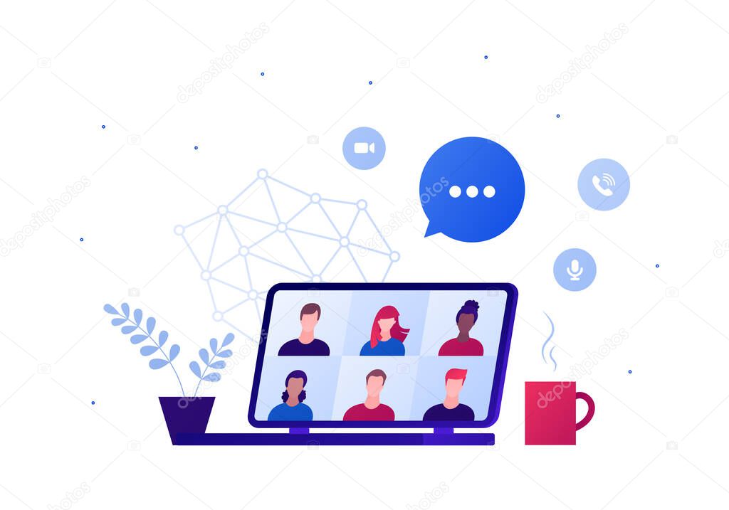 Video teleconference for home office or friend party concept. Vector flat person illustration. Group of multiethnic people avatar on laptop screen. Hot drink, talk bubble. Design for banner, web.