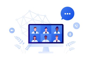 Tıp konseyi ve online doktor telekonferansı konsepti. Vektör düz insan çizimi. Erkek ve kadın çok ırklı sıhhiye ekibi bilgisayar ekranında. Sağlık hizmetleri için tasarım.