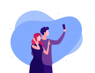 Selfie fotoğraf konsepti. Vektör düz insan çizimi. Akıllı telefon tutan adam. İki kadın ve erkek poz veriyor. Arkadaşlık ve romatik randevu. Pankart, poster, ağ için tasarım.