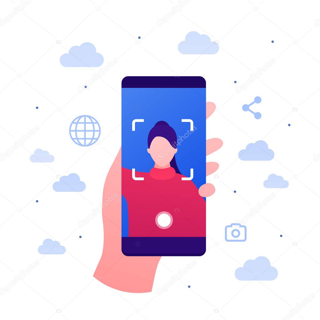 Selfie photo and social media blogger post concept. Vector flat person illustration. Hand holding smartphone. Global network icon on background.Female on device screen. Design for banner, poster, web.