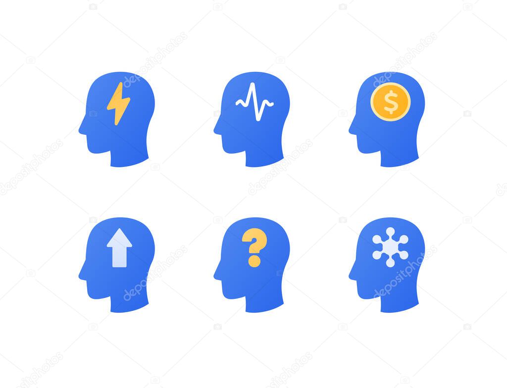 Human head idea concept. Vector flat illustration icon set. Silhouette of head with medicine, brainstorm, business, question mark sign collection isolated on white. Design element for banner, logo.
