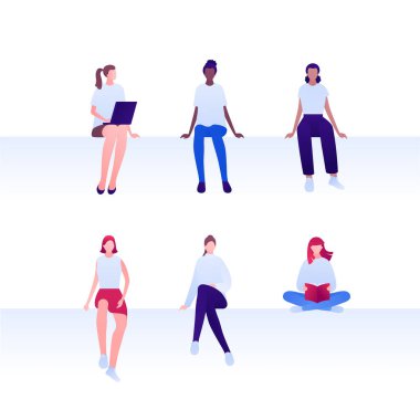 Öğrenci eğitimi konsepti. Vektör düz çizim seti. Günlük giysiler içinde genç bir kadın oturuyor. Çok ırklı bir grup kadın beyazların üzerinde tek başlarına oturuyorlar. Pankart, ağ, bilgi grafiği için tasarım ögesi.