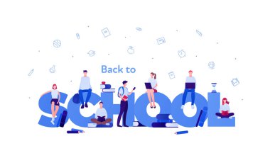 Öğrenci eğitimi konsepti. Vektör düz insan çizimi. Okulun davetiye şablonuna geri dönelim. Çalışma teçhizatı olan çok ırklı genç insanlar. Kitap, sırt çantası, laptop..