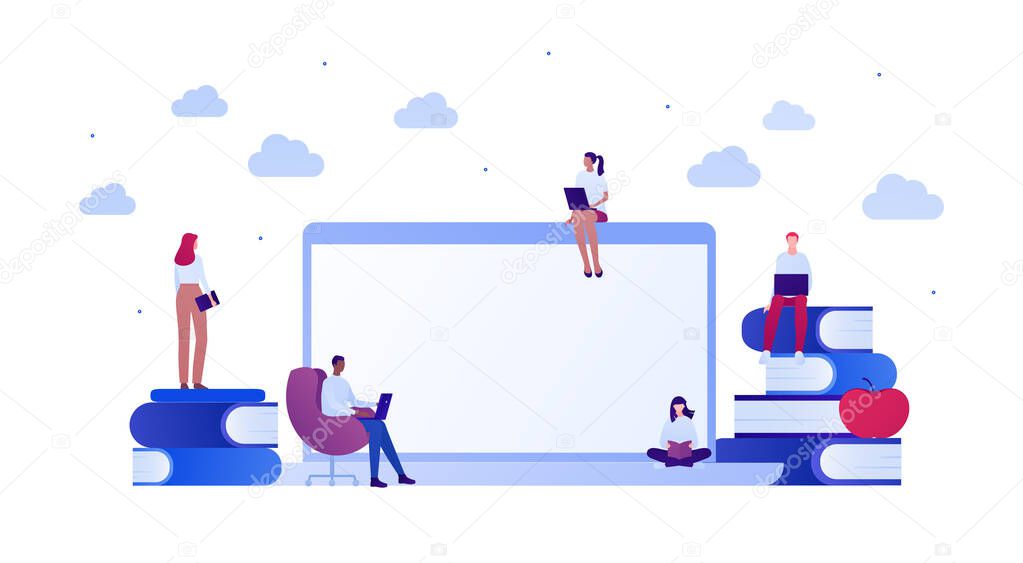 Student lifestyle and college education concept. Vector flat person illustration. Group of multi-ethnic young adult. Laptop computer with copy space, book, chair. Design for banner, web, infographic.