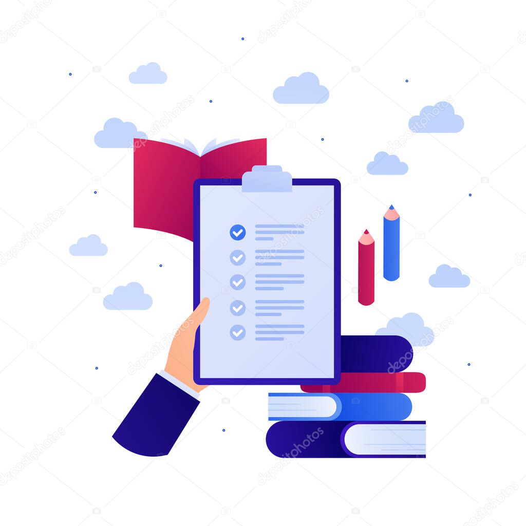 Education in business concept. Vector flat illustration. Test exam on paper. Hand hold task checklist on clipboard. Book and pen sign. Design element for banner, web, infographic.
