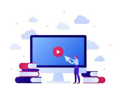 Çevrimiçi kurs kavramı için çevrimiçi eğitim videosu uygulaması. Vektör düz insan illüstrasyonu. Bilgisayar ekranında okla oynat tuşunu kullan. Bir yığın tabela. Pankart ve bilgi grafiği için tasarım.