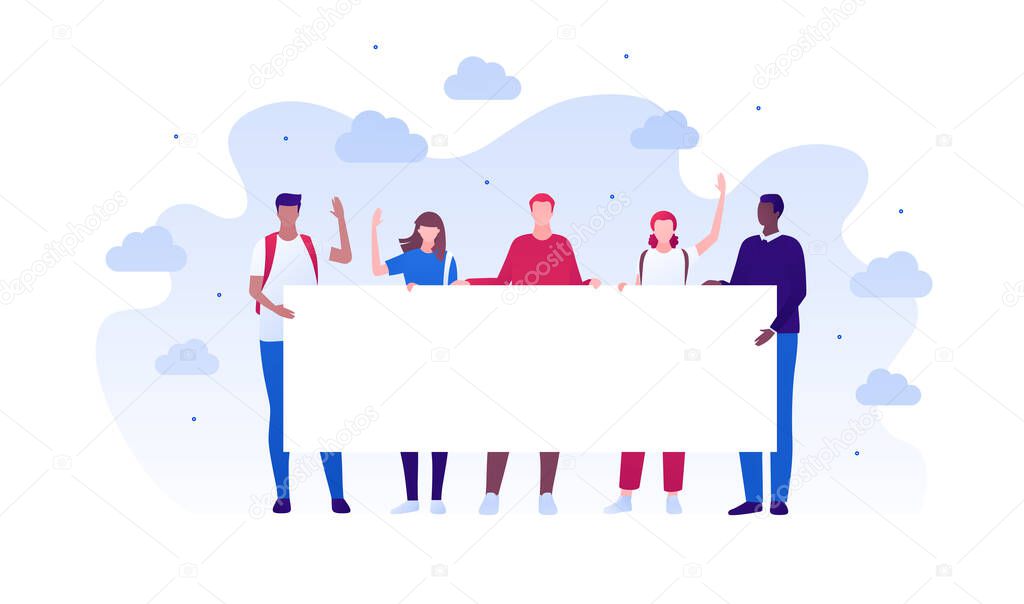 Student protest and activism concept. Vector flat person illustration. Group of multi-ethnic young adult people hold banner with copy space. Full-length. Design element for infographic, web, ad.