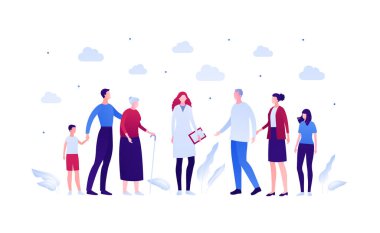 Büyük aile ilişkisi ve destek kavramı. Vektör düz insan çizimi. Genç, yetişkin, yaşlı erkek ve kadın karakterler kadın doktorla konuşuyor. Pankart ve bilgi grafiği için tasarım ögesi.