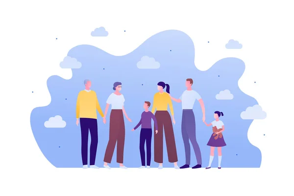 Big Family Relationship Support Concept Vector Flat Person Illustration Parents — Stock Vector