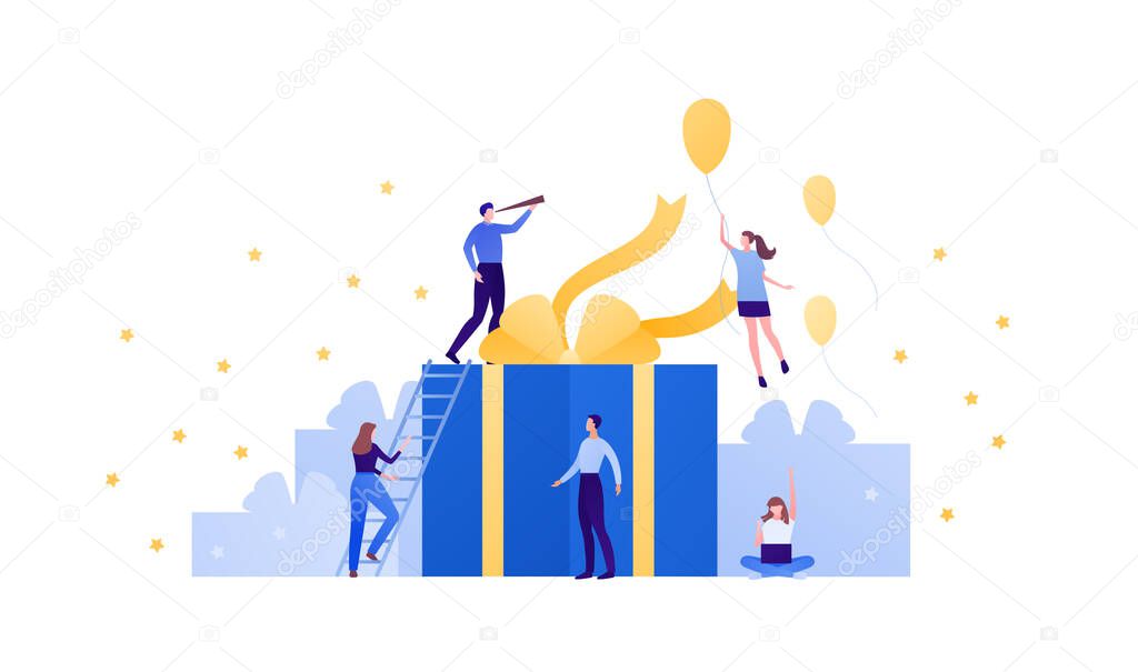 Gift, reward and success for business office holiday concept. Vector flat person illustration. Team of employee people joy. Big box with gold ribbon on background. Design for banner, infographic.