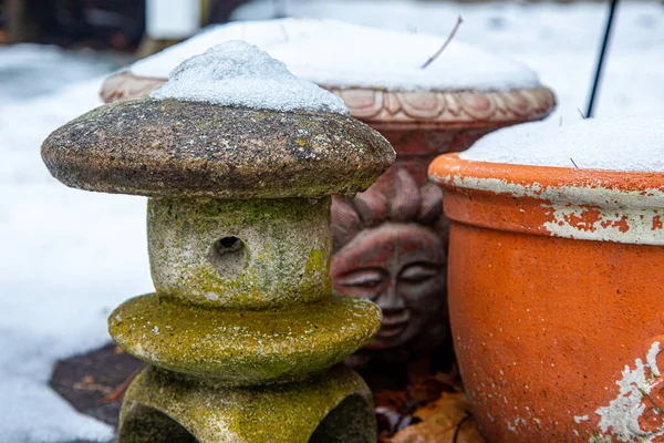 Various Flower Pots Lawn Decorations Covered Snow Winter New England — Stockfoto