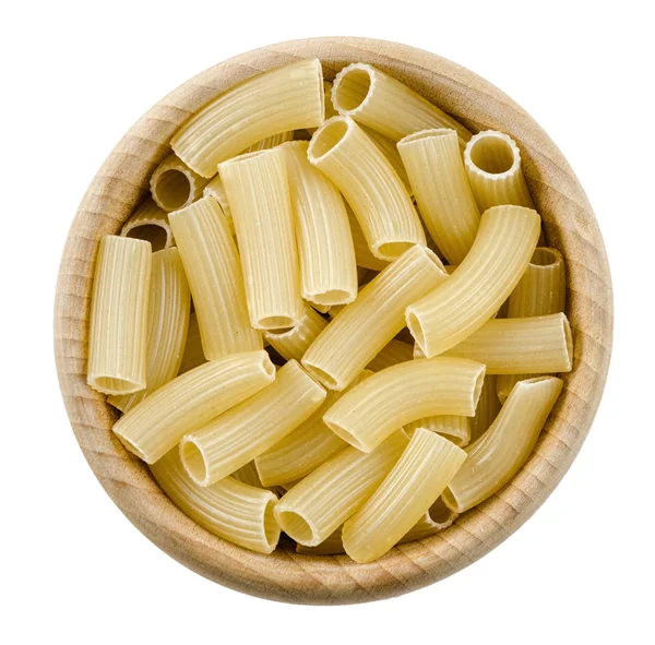 Penne rigate pasta in wooden bowl. Uncooked dried durum wheat semolina — Stock Photo, Image