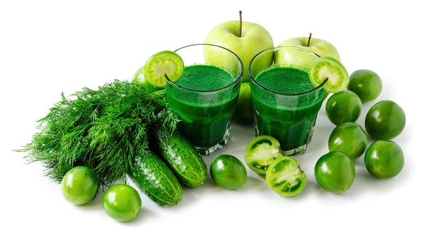 Green smoothies with fresh vegetables and fruits isolated — Stock Photo, Image