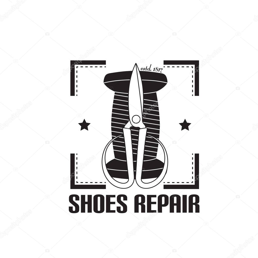 Vector image of logo of shoe repair services. Trendy concept for workshop repair or restoration of leather goods