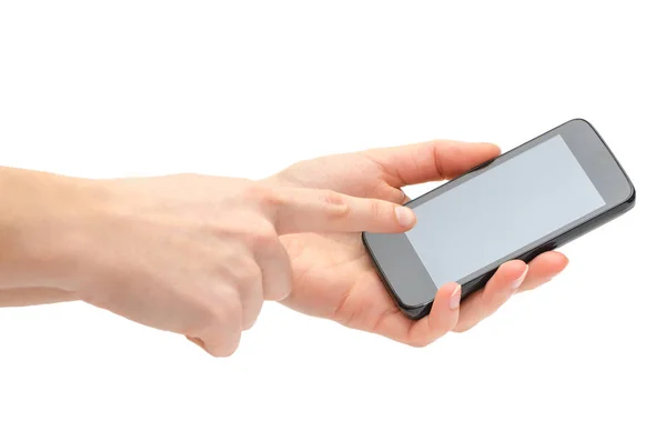 Hand of young girl holding black phone. — Stock Photo, Image