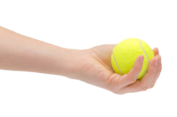 hand of young girl holding tennis ball.