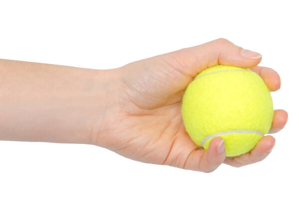 hand of young girl holding tennis ball.