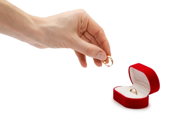 Female hand holding box for ring. — Stock Photo, Image