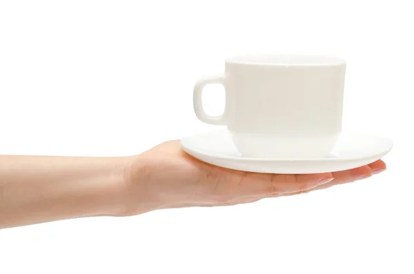 Donna mano tenendo tazza bianca . — Foto Stock