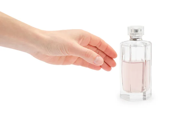 Female hand takes or gives jar of perfumed water. — Stock Photo, Image