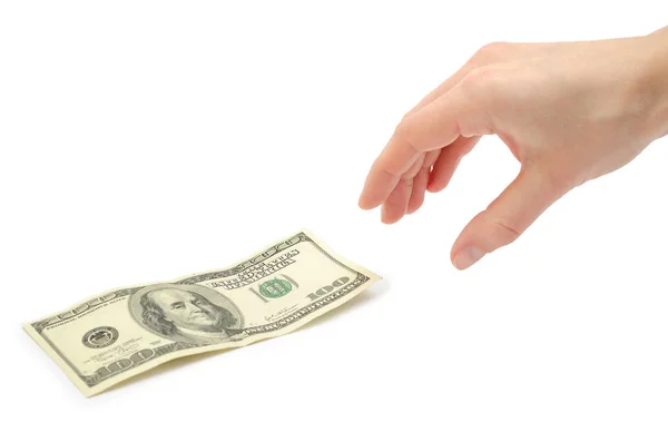 Female hand takes or gives one hundred US dollars. — Stock Photo, Image