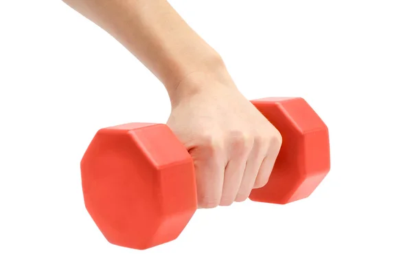 Female hand takes or gives dumbbell. — Stock Photo, Image